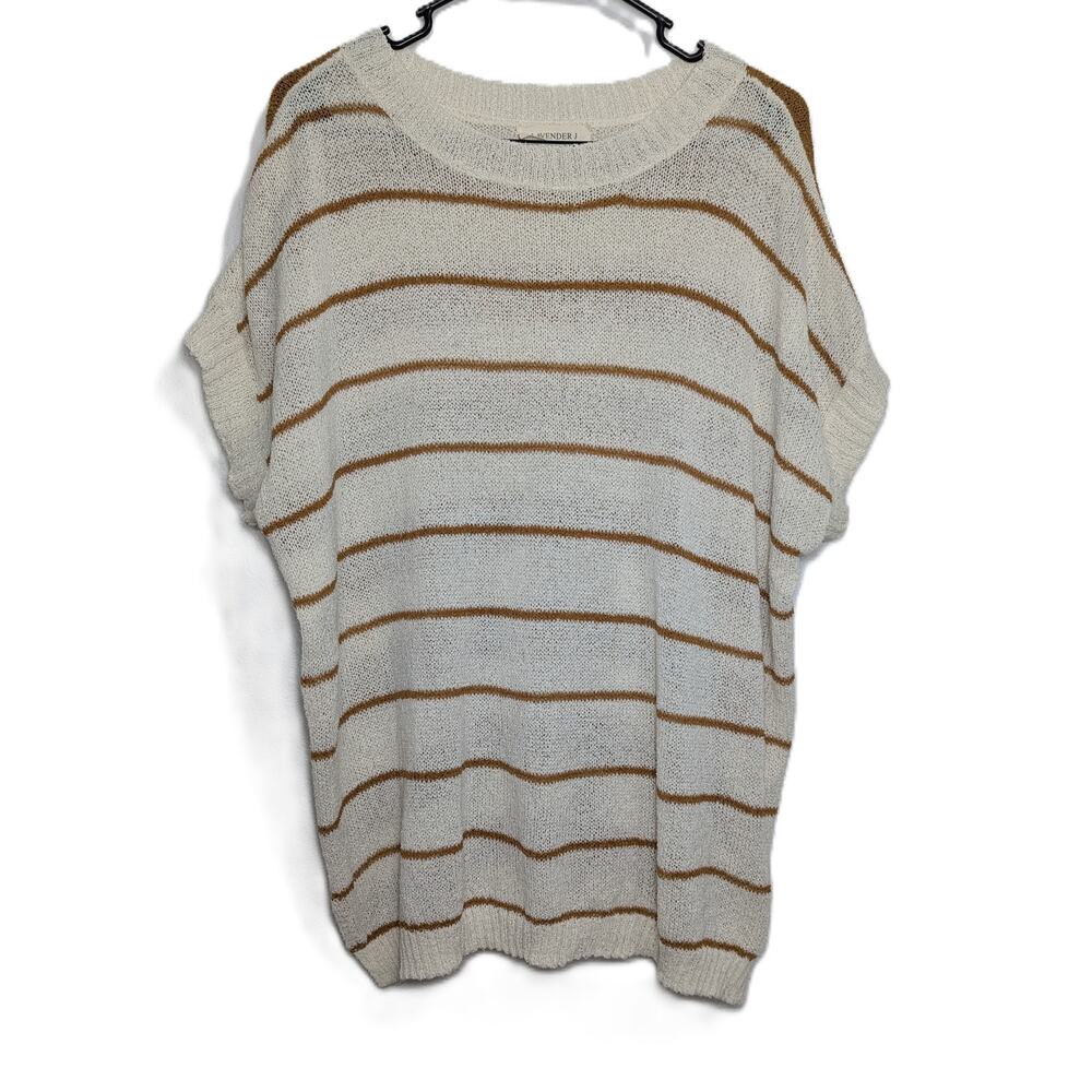 Lavender J Striped Short-Sleeve Sweater Brown & White Loose Fit Sz XL(measured)
